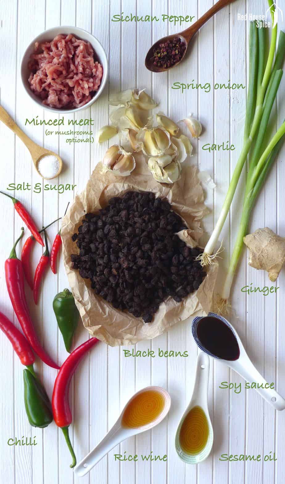 Ingredients for making black bean sauce with minced meat.