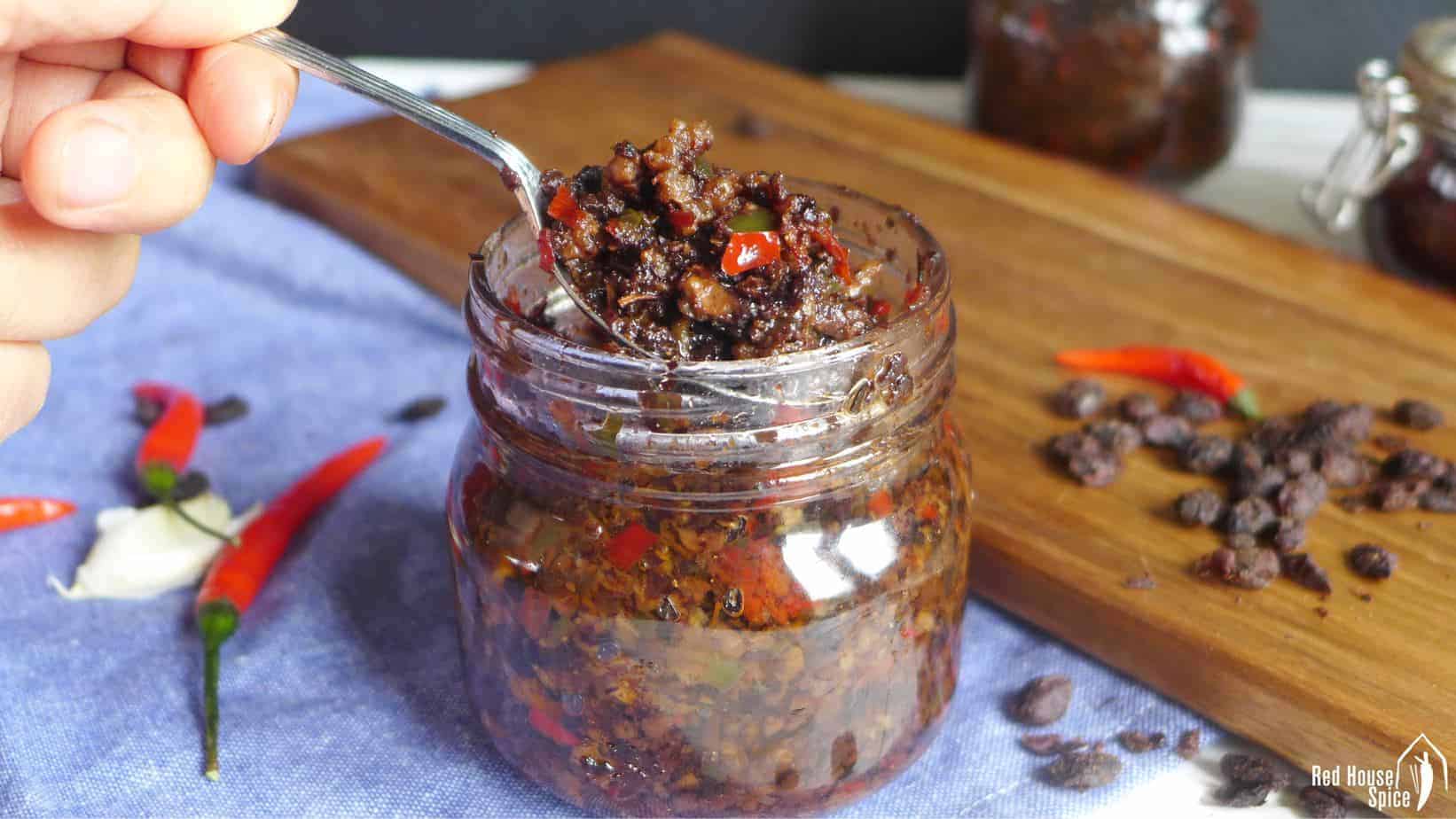 A jar of Chinese black bean sauce.
