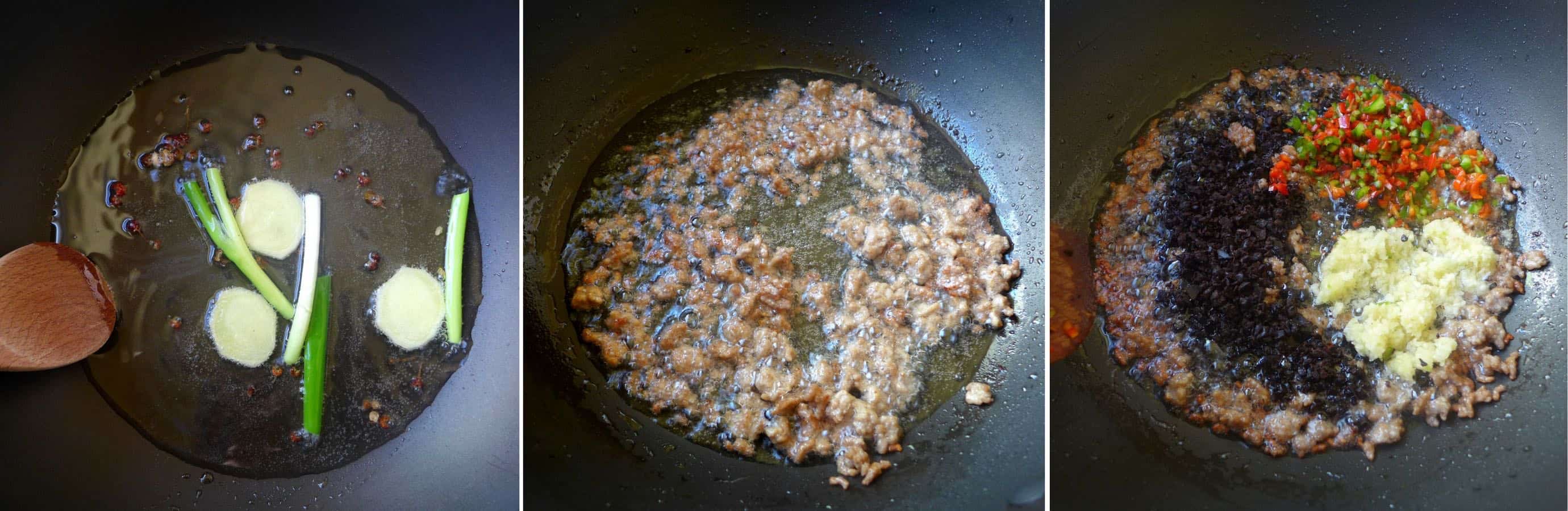 Frying meat for making black bean sauce