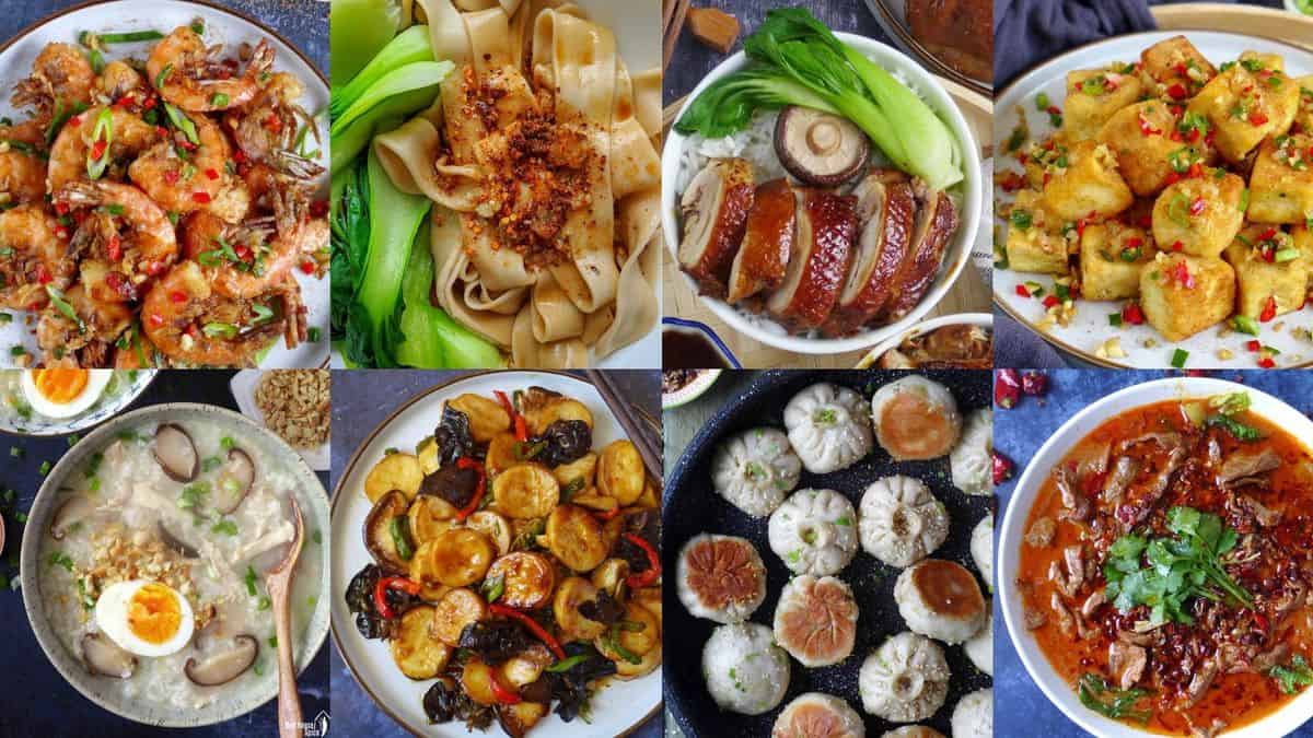 A collage of eight Chinese dishes