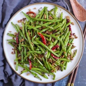 A plate of dry fried green beans