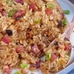 spooning stir-fried Chinese sticky rice.