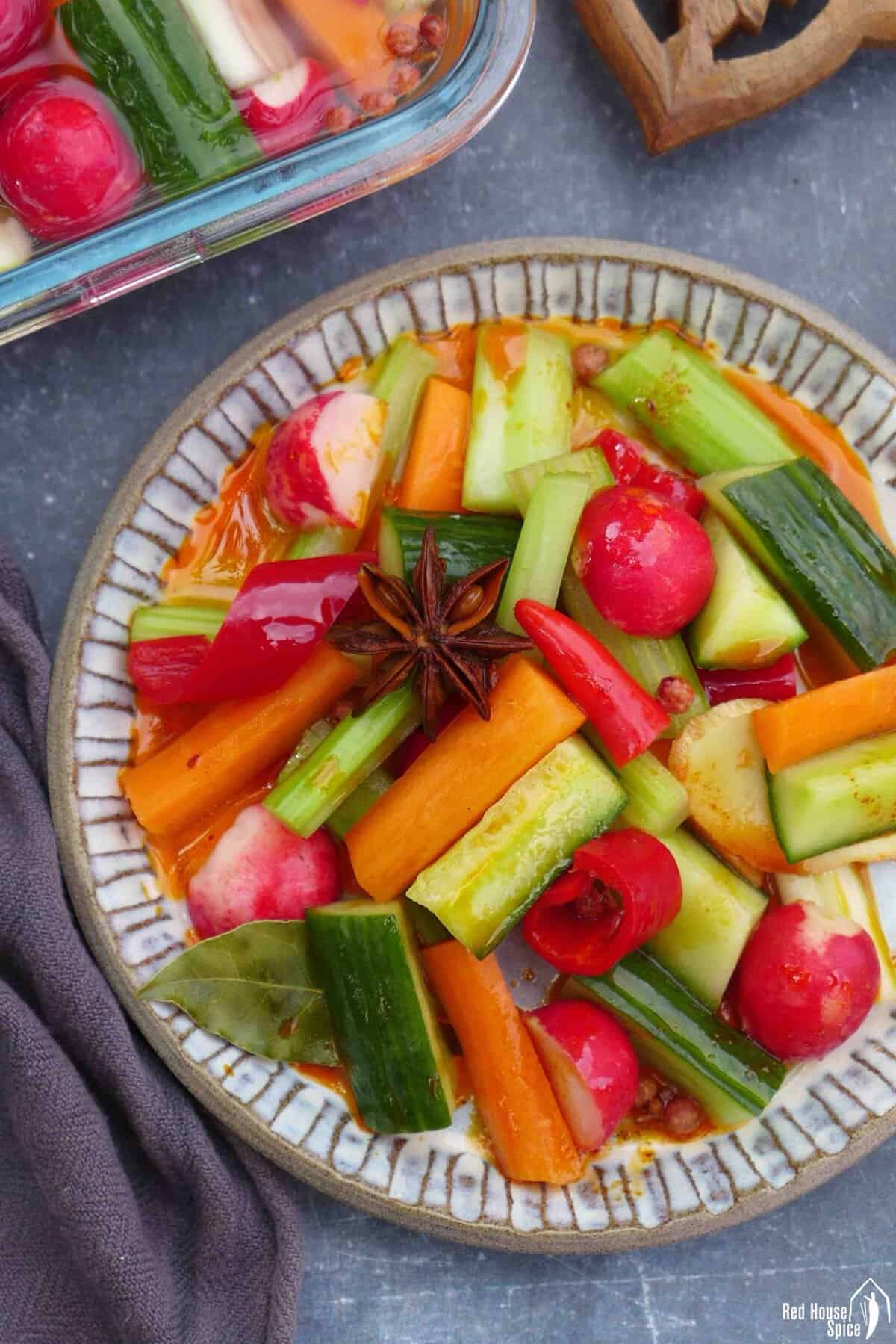 a plate of Chinese overnight pickled vegetables.